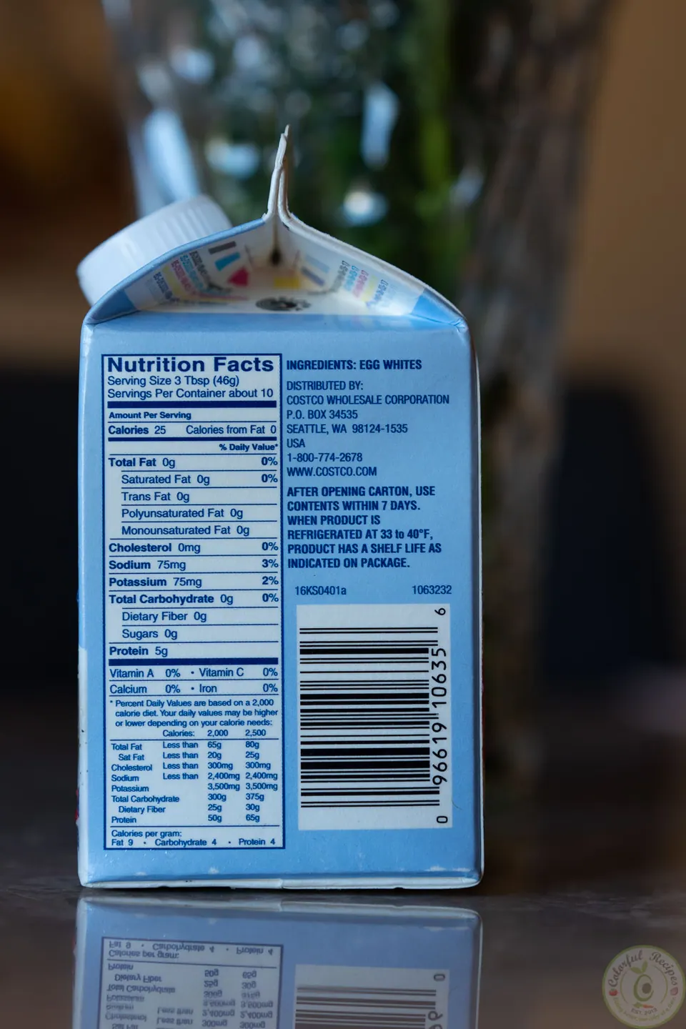 Nutrition facts panel on a Kirkland liquid egg whites carton