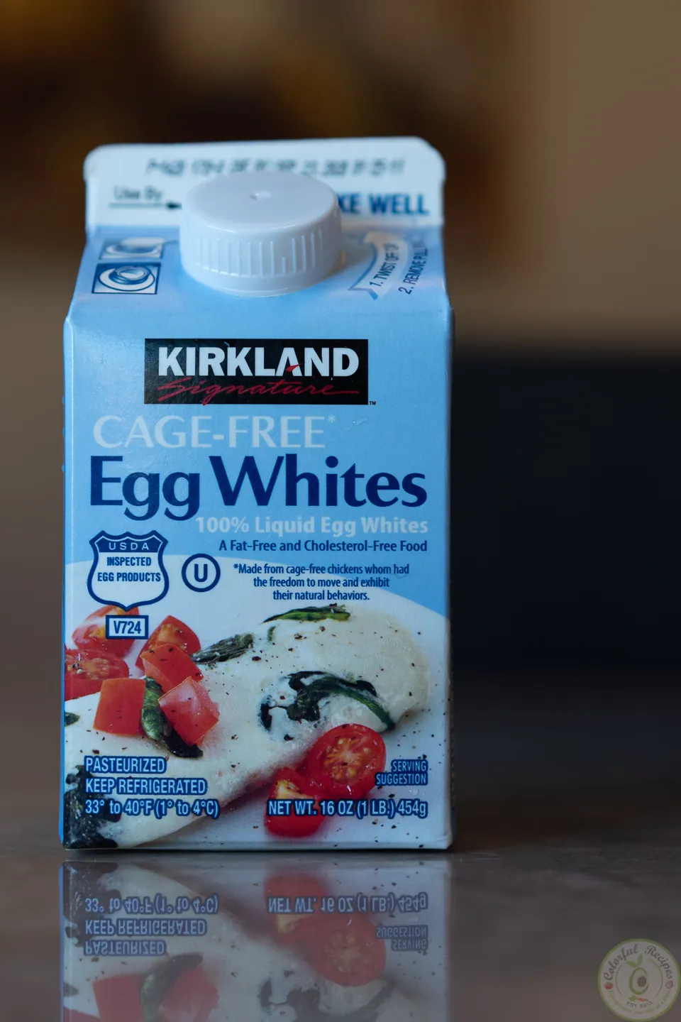 Front of a Kirkland cage-free liquid egg whites carton