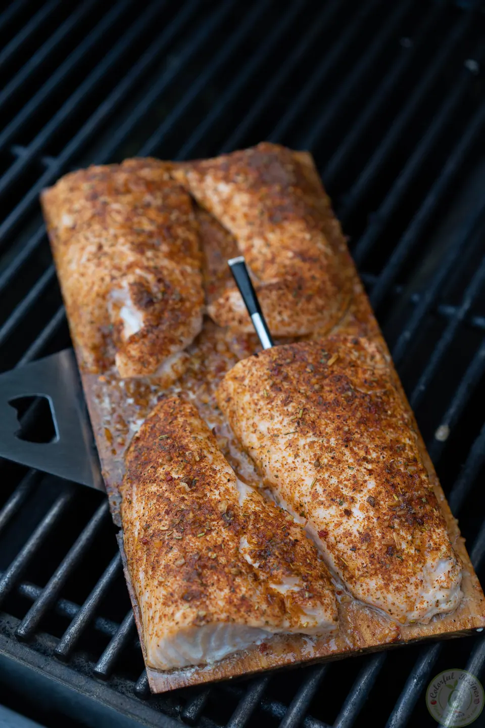 Salmon grilling on a cedar plank with a MEATER probe