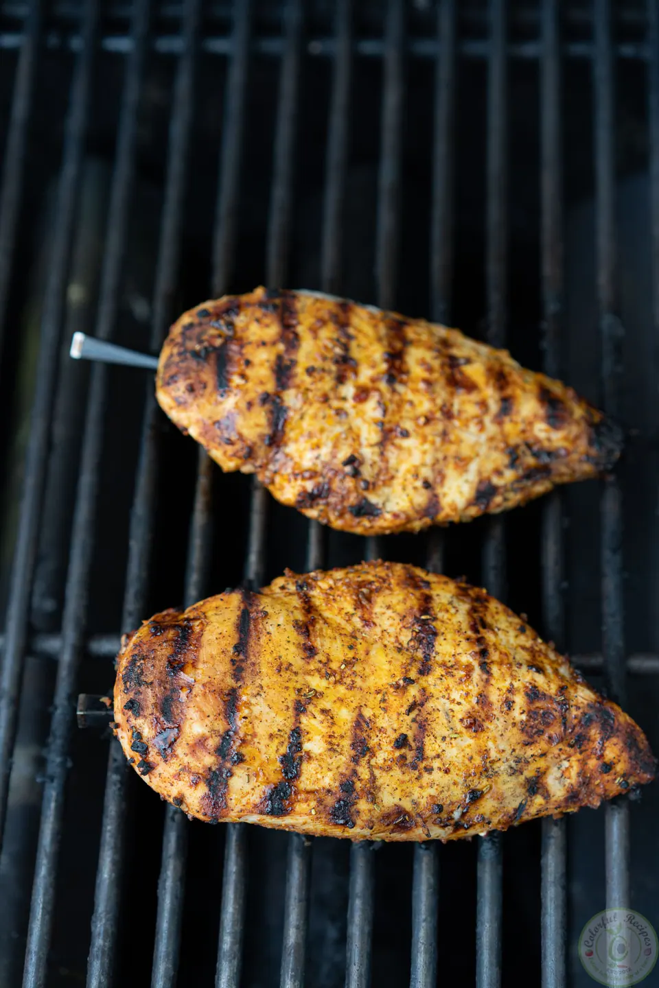 Grilled chicken breasts with char marks on the grill grates