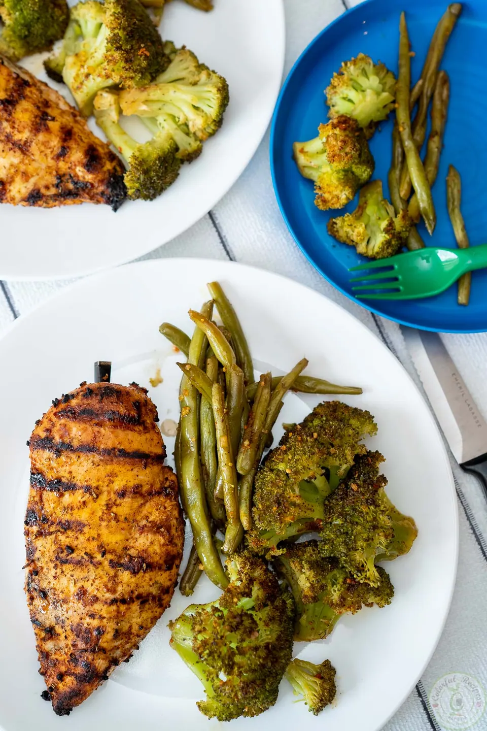 Grilled chicken breast served with steamed green beans and broccoli