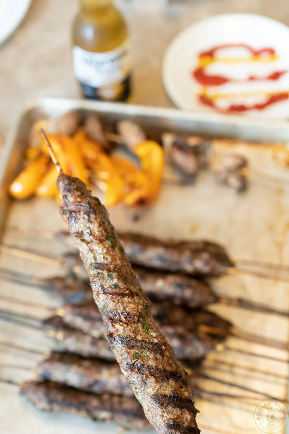 Grilled lamb and beef kafta kabob on a skewer