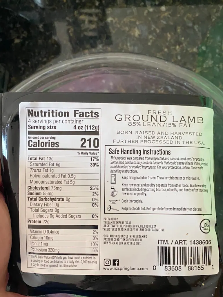 Label of the New Zealand ground lamb package used for this kafta recipe
