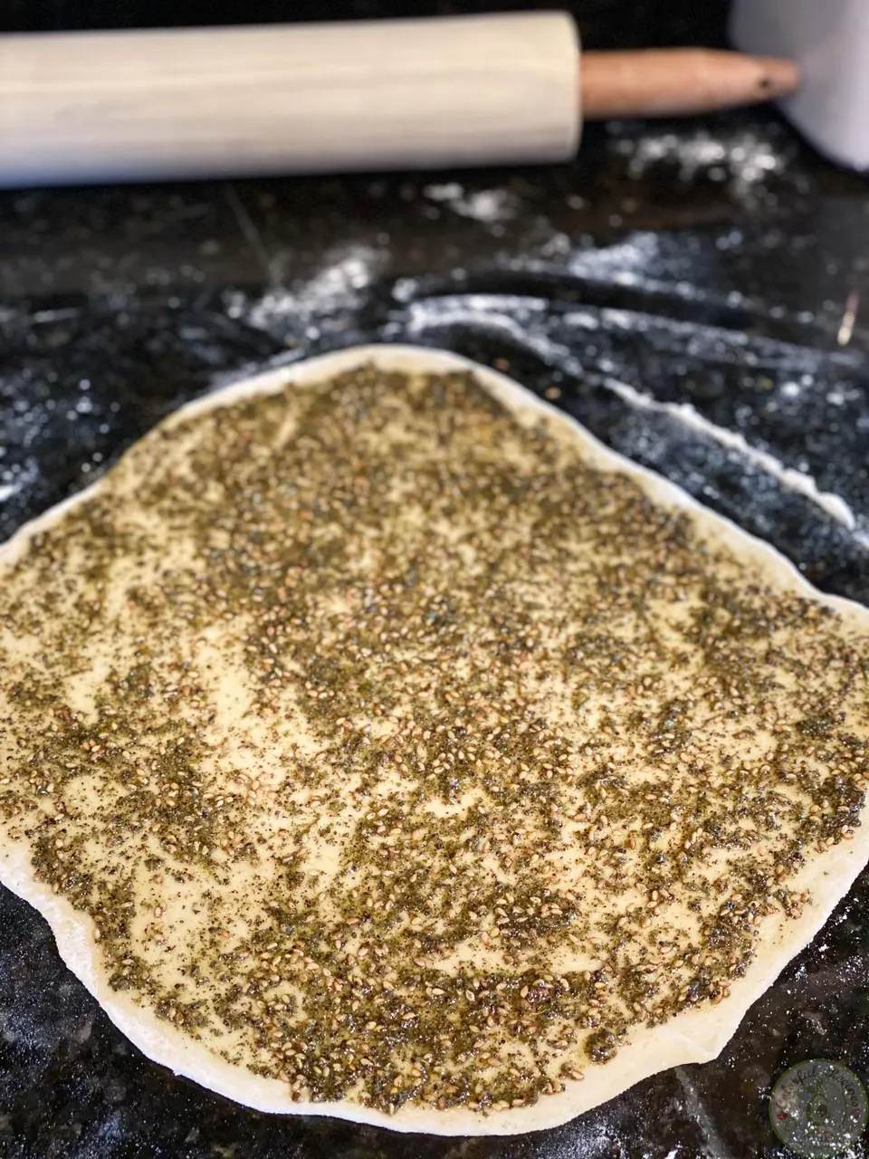 Mankousheh dough spread with zaatar thyme blend