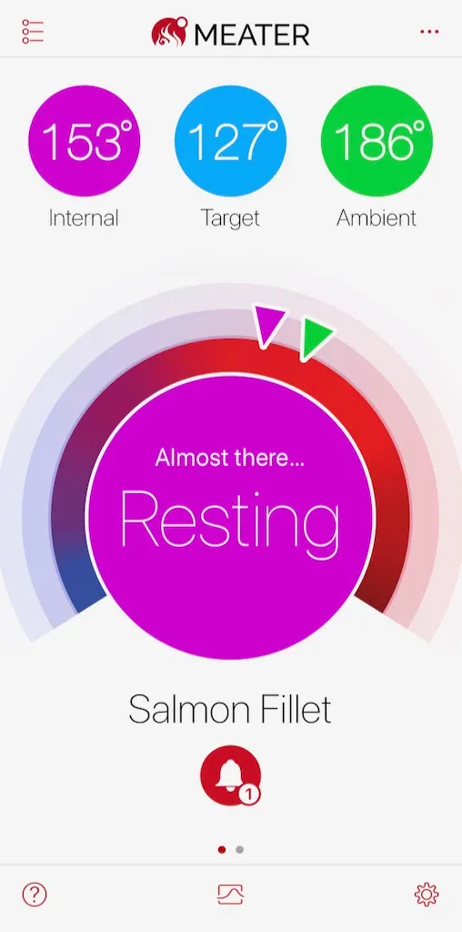 MEATER app showing the grilled salmon resting