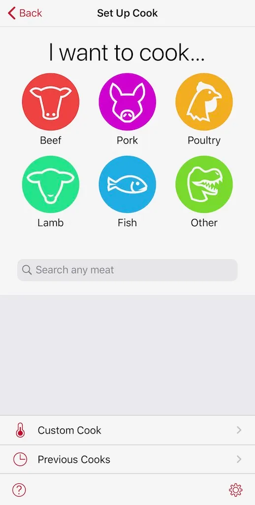 MEATER app screen for choosing the type of meat to cook
