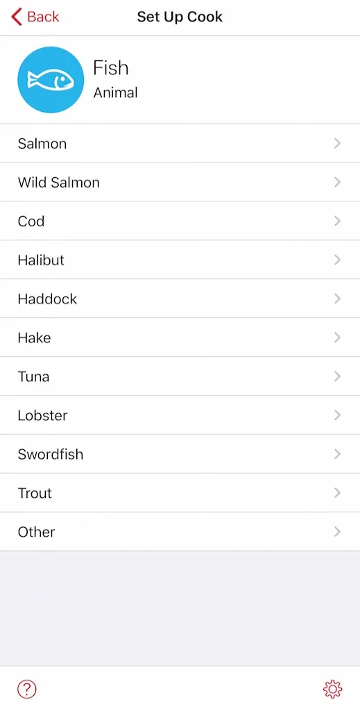 MEATER app fish menu with salmon selected for grilling