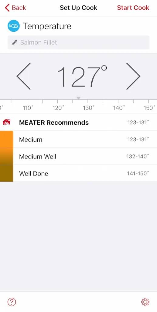 MEATER app with the salmon target temperature set to 127°F