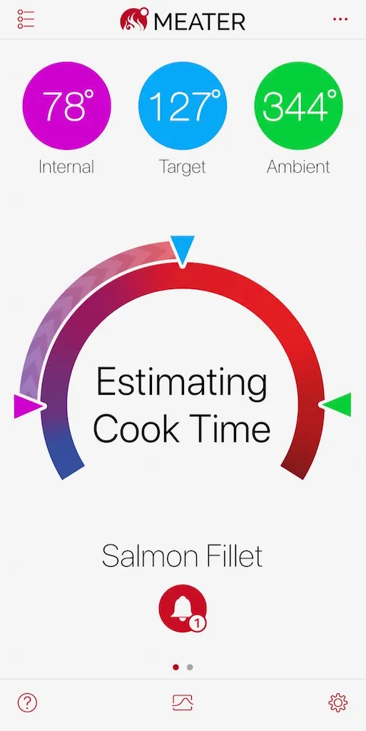 MEATER app estimating cook time for cedar plank salmon