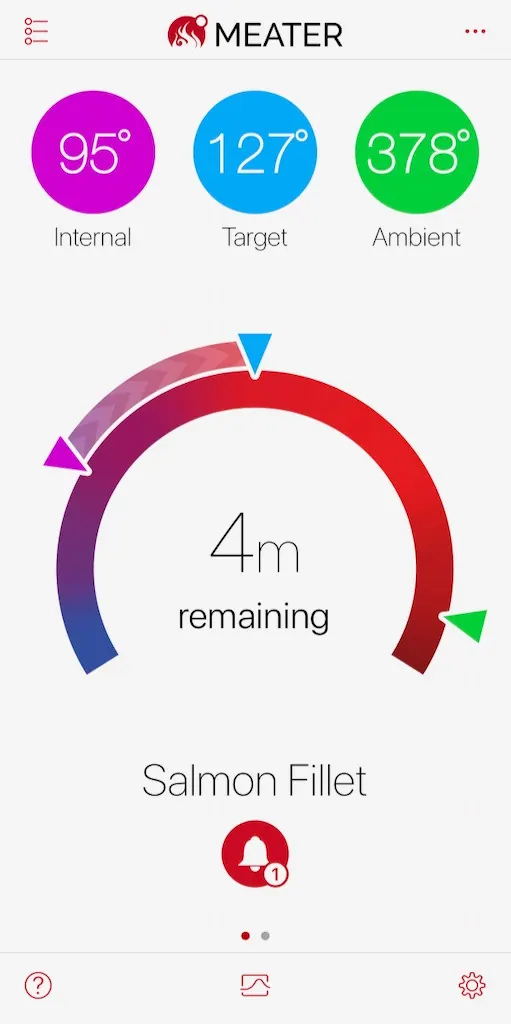 MEATER app showing 4 minutes remaining on the salmon fillet