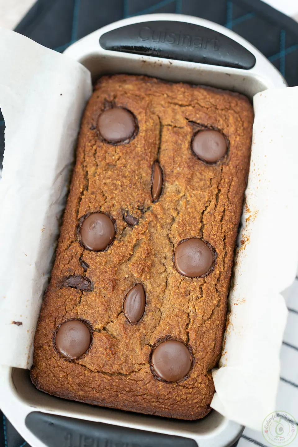 Loaf of almond flour banana bread with chocolate on top