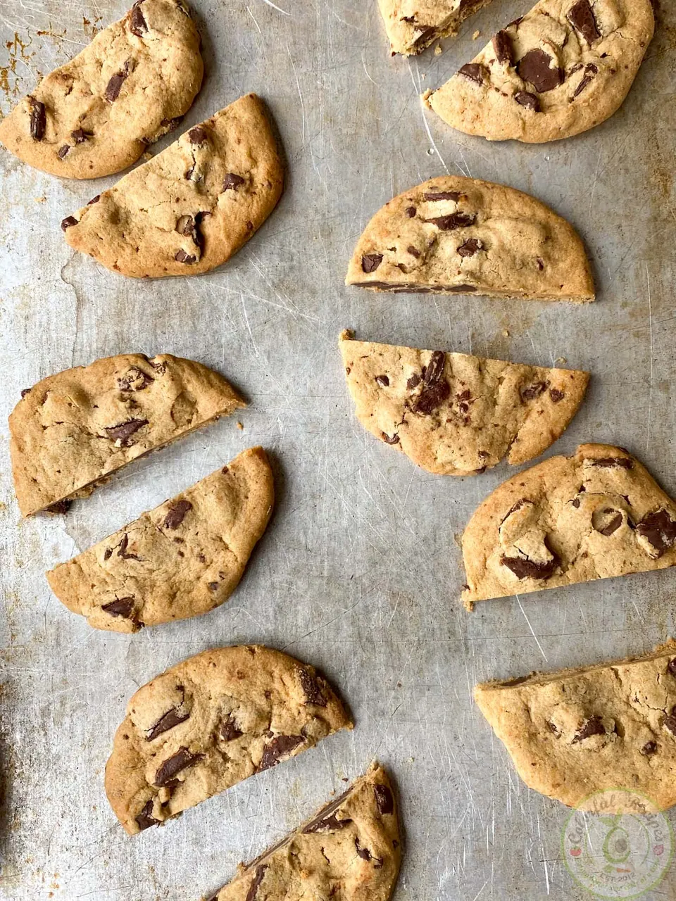 Chocolate chip cookies cut in half for vampire dentures Halloween cookies