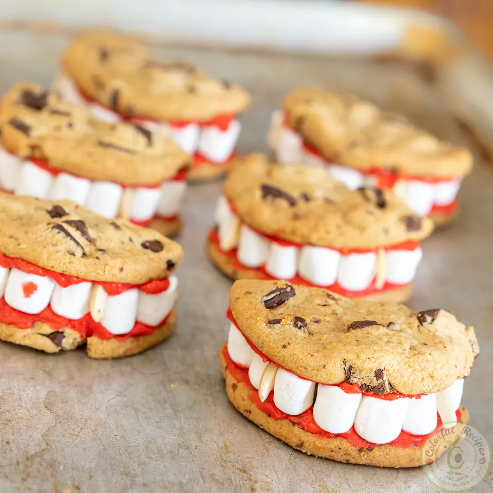 Tray of vampire dentures easy Halloween cookies