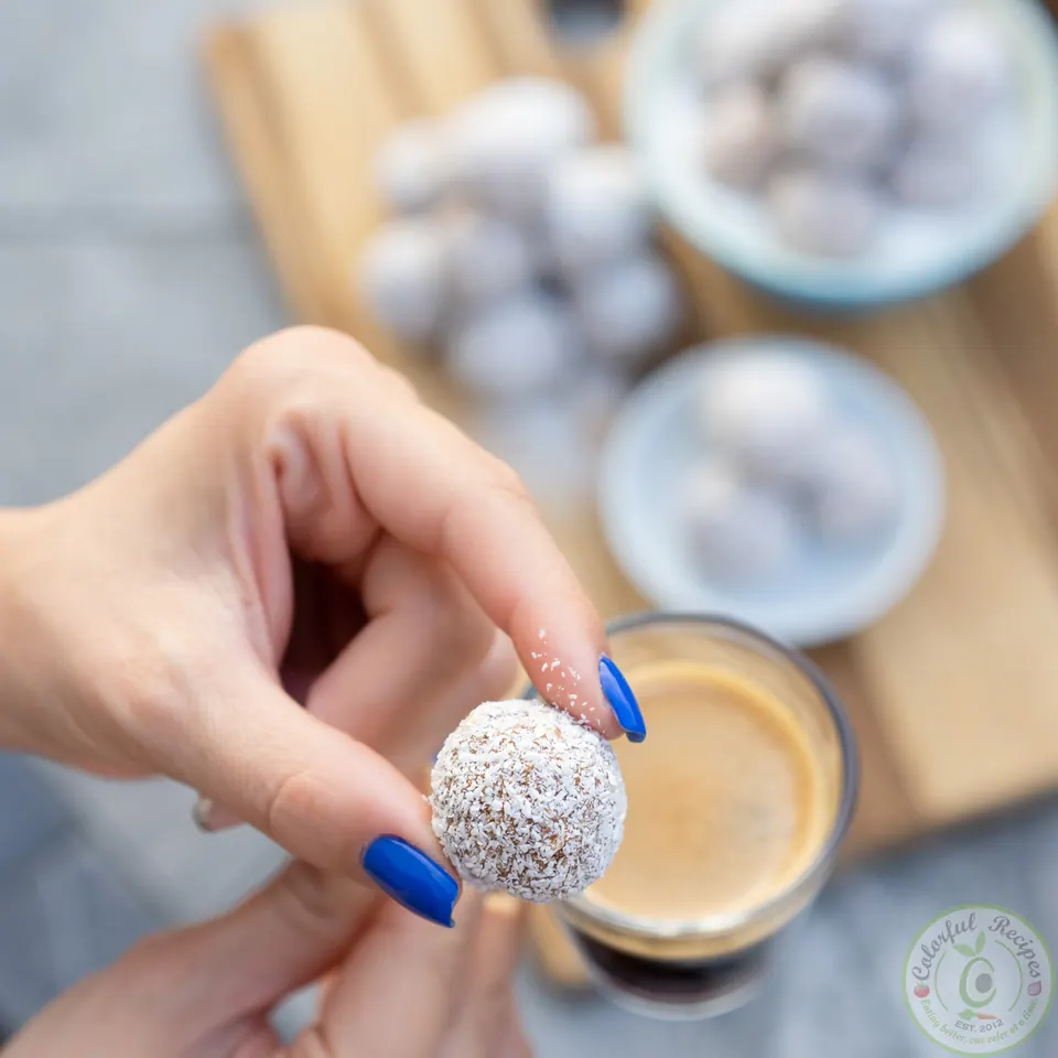 Plate of no-bake coconut chocolate truffles