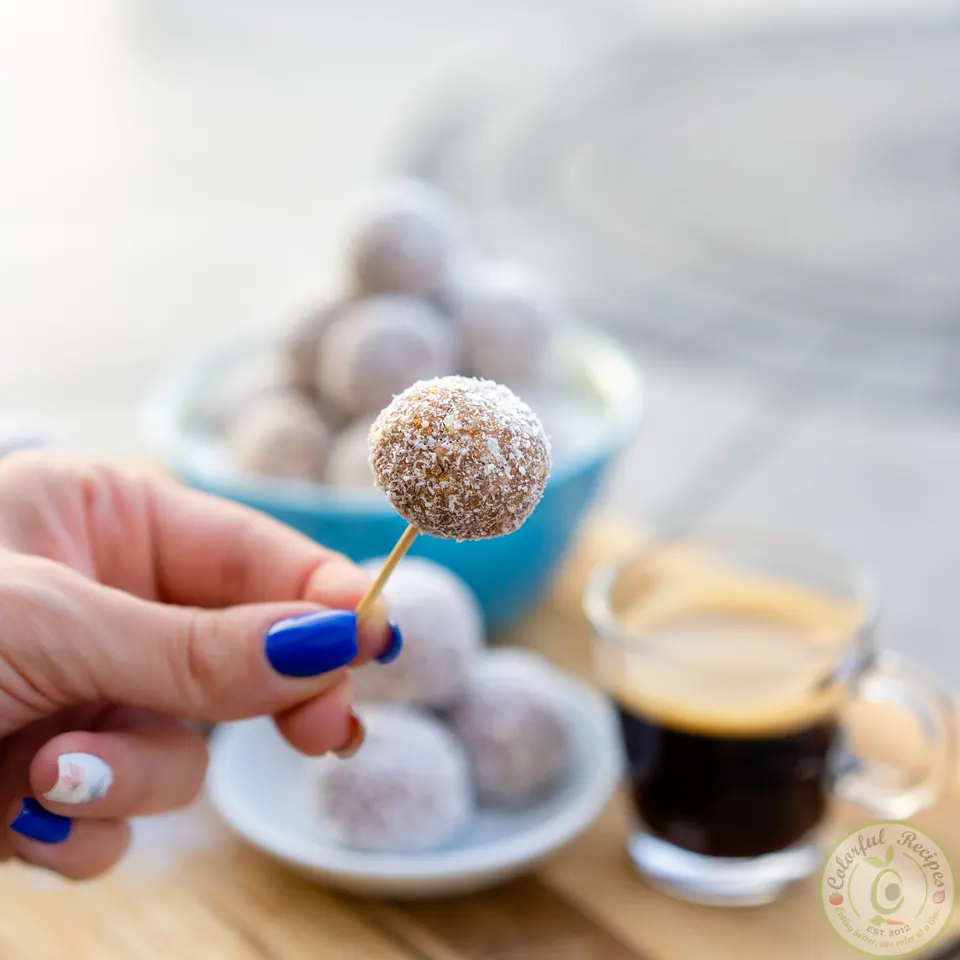 Close-up of no-bake coconut chocolate truffles