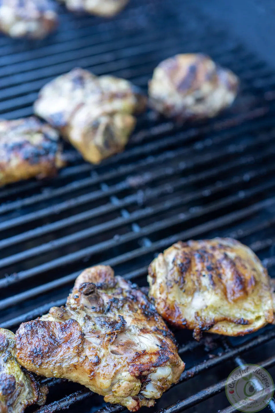 Close-up of a juicy cilantro lemon garlic grilled chicken thigh