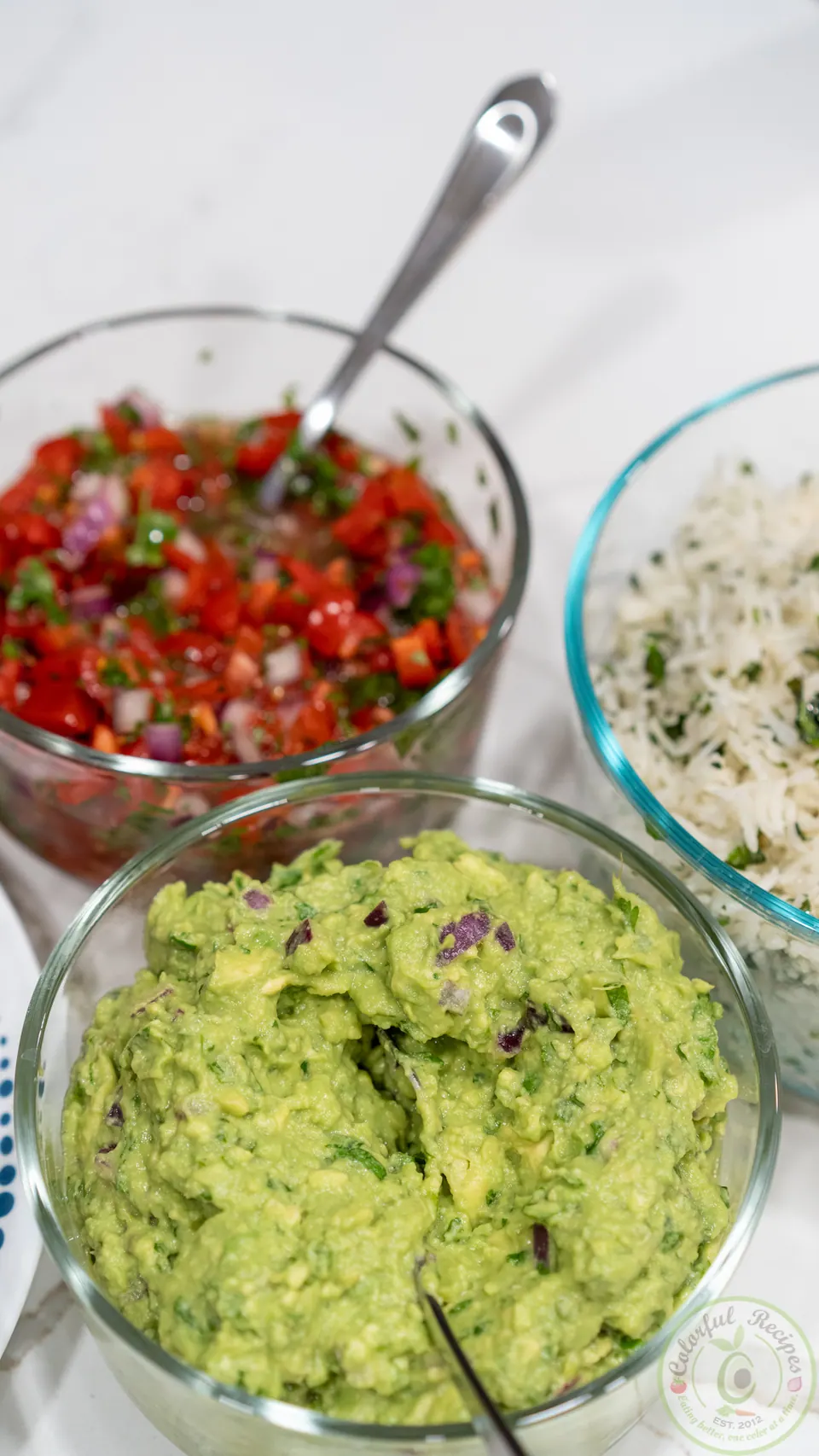Bowls of guacamole, fresh tomato salsa and cilantro rice for chicken bowls
