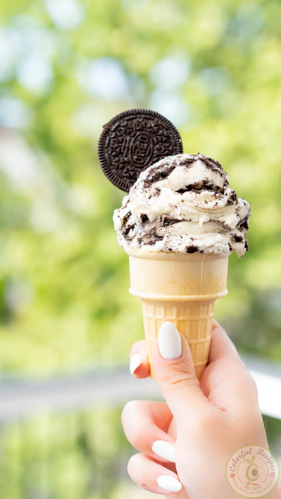 Hand holding a cone of homemade Oreo vanilla ice cream topped with an Oreo cookie