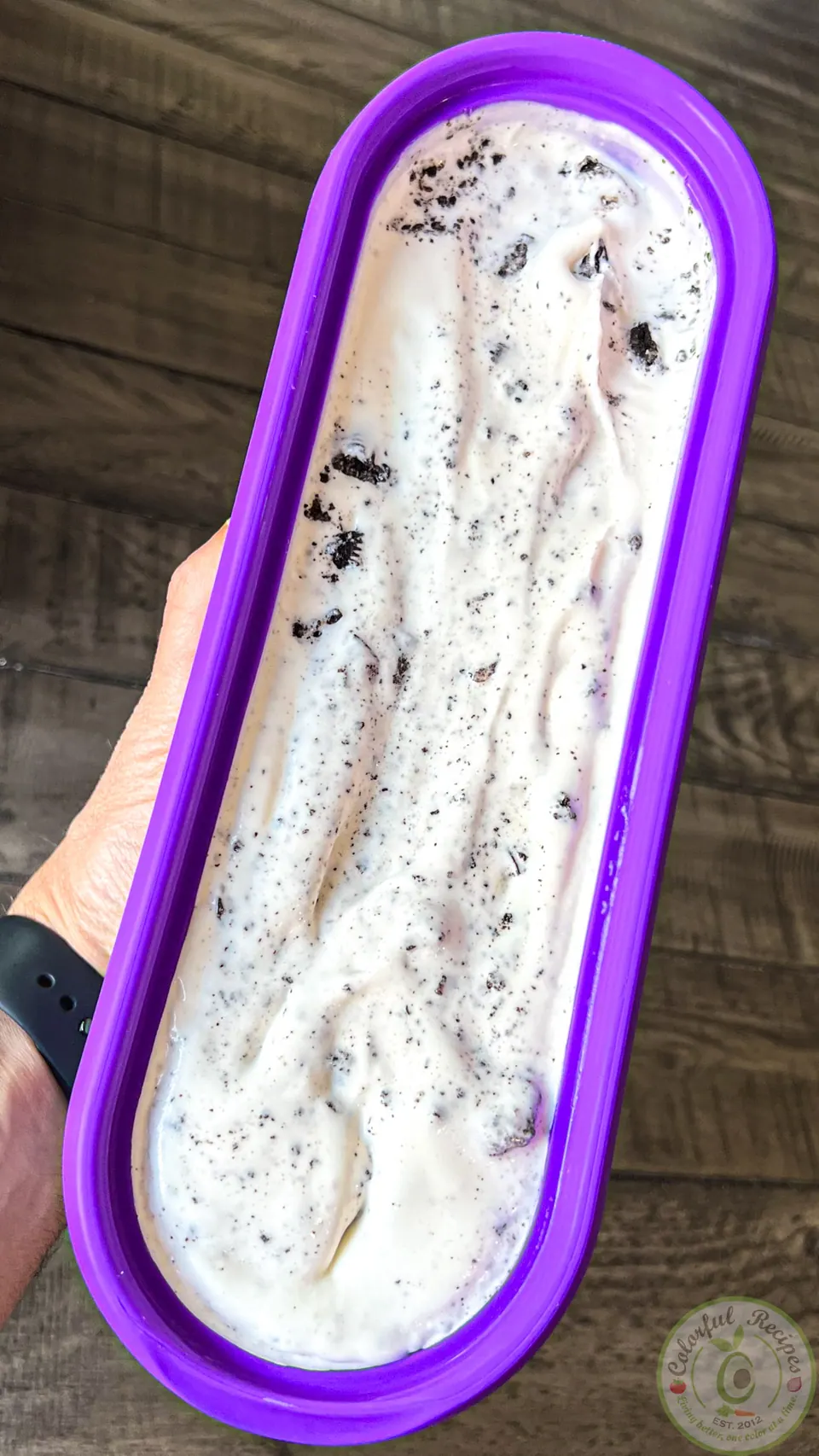 Tub of homemade Oreo vanilla ice cream in a freezer container