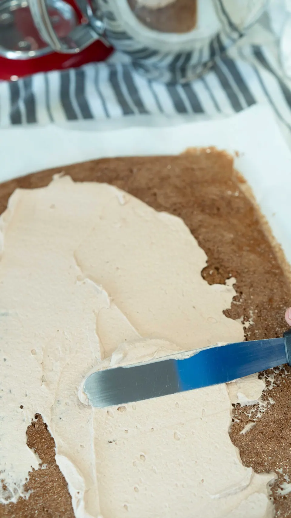 Spreading Nutella whipped cream filling over the Yule Log sponge