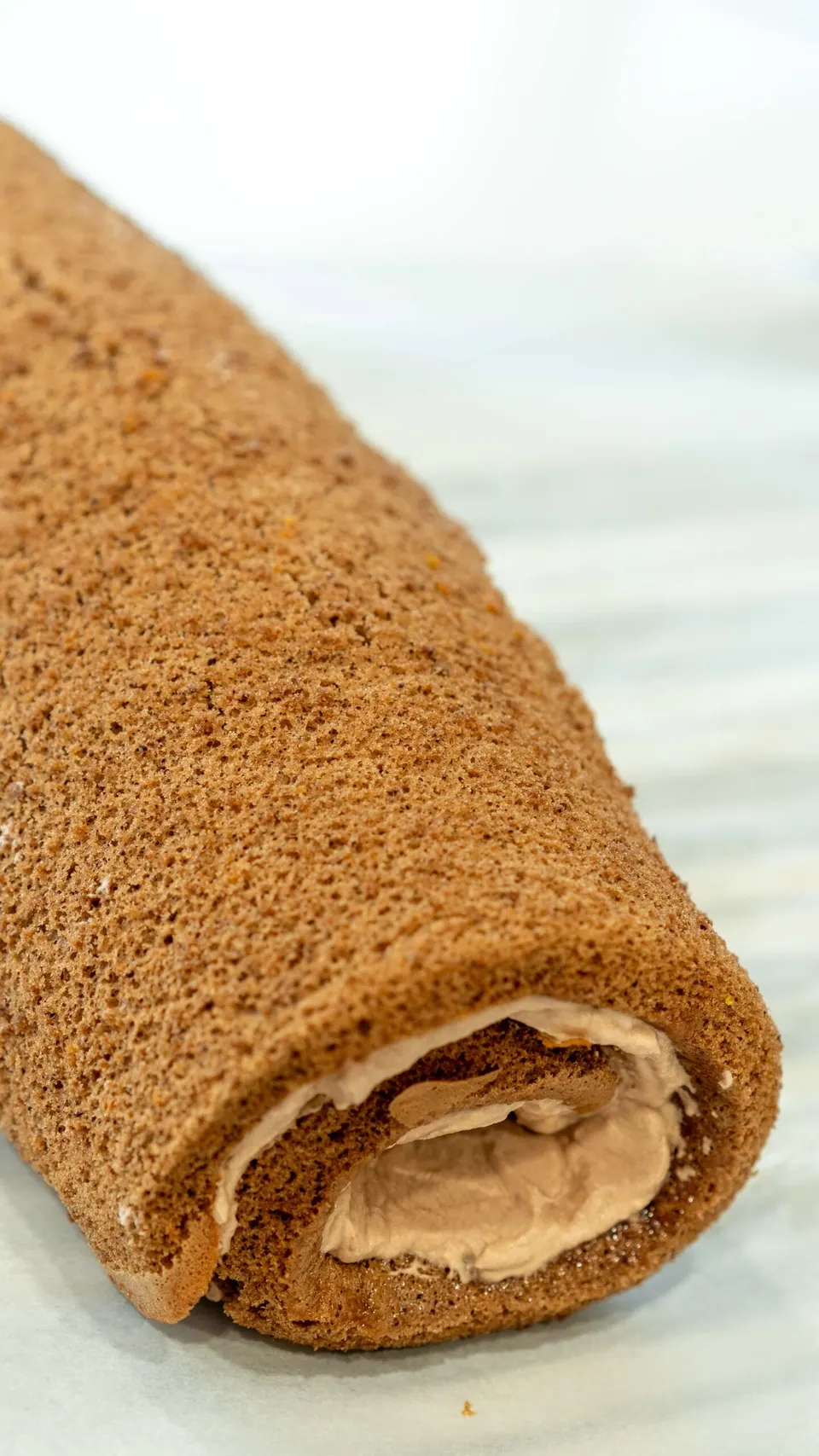 Rolled chocolate sponge showing the Nutella cream swirl of the Bûche de Noël