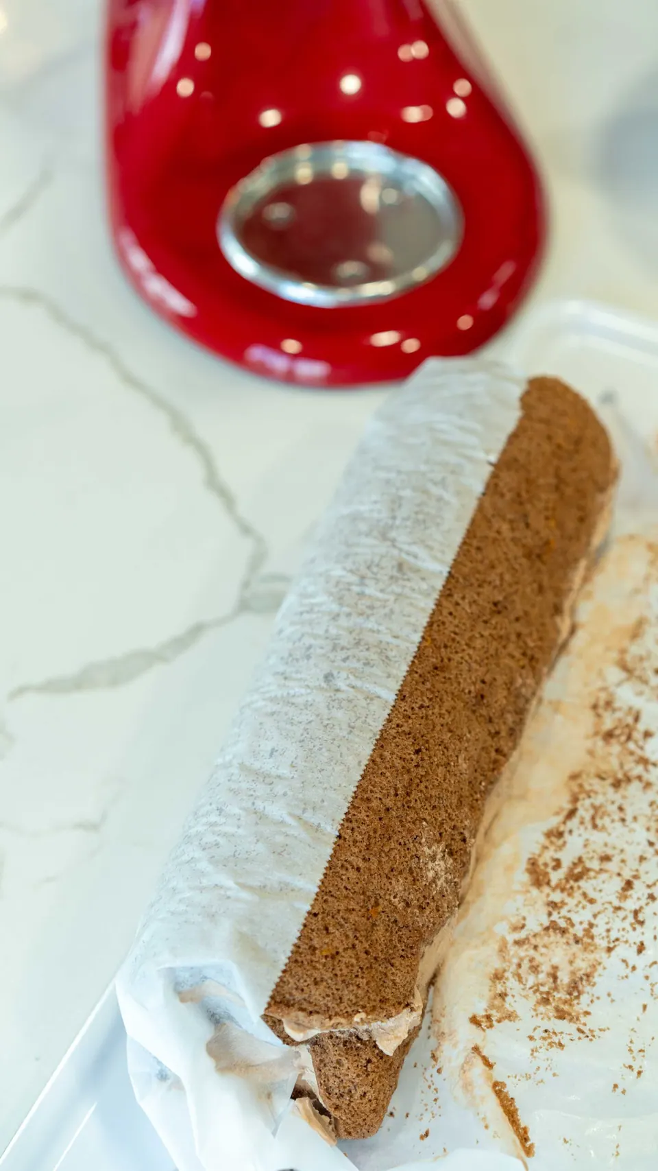 Unwrapped frozen Yule Log cake on a Christmas platter