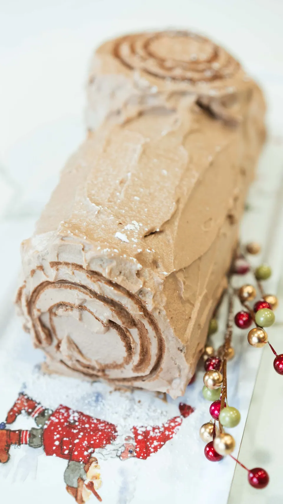 Finished Christmas Yule Log cake decorated with holiday berries