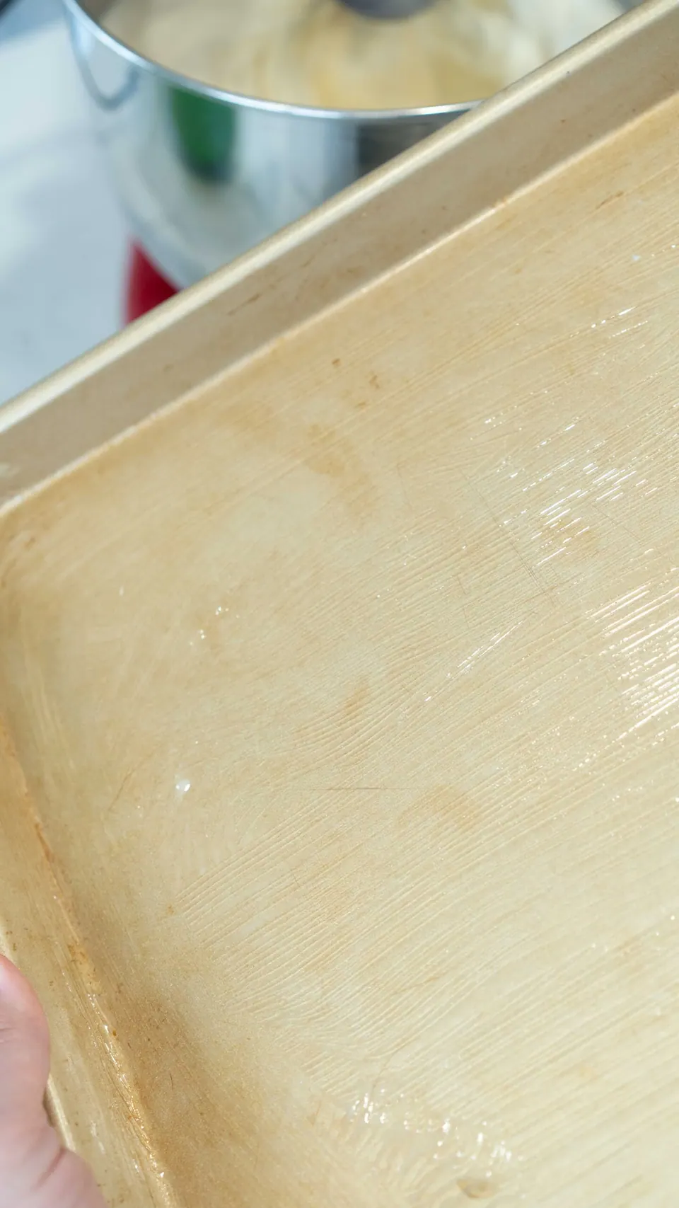 Greased half-sheet pan for baking the Yule Log sponge cake