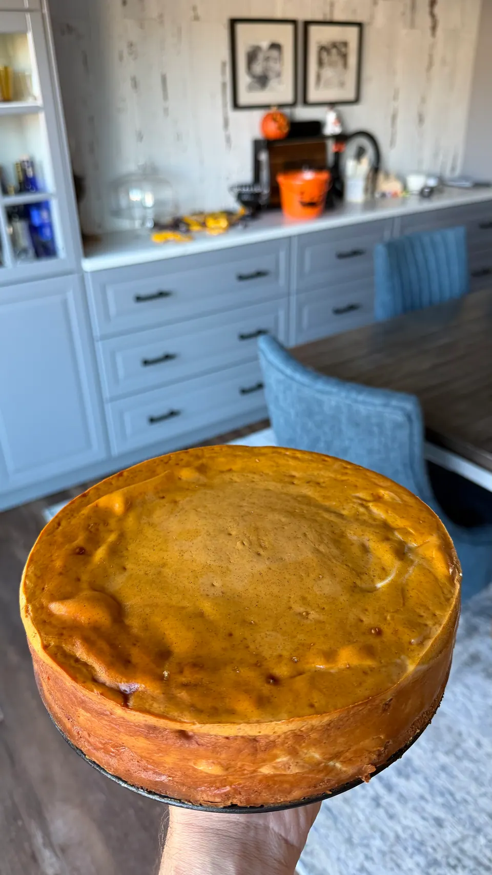 Whole 9-inch high-protein cottage cheese pumpkin pie out of the springform pan