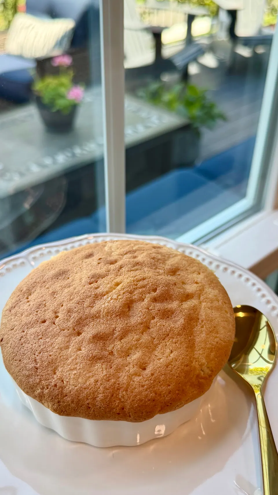 Close-up of a warm golden butter cake baked in a white ramekin