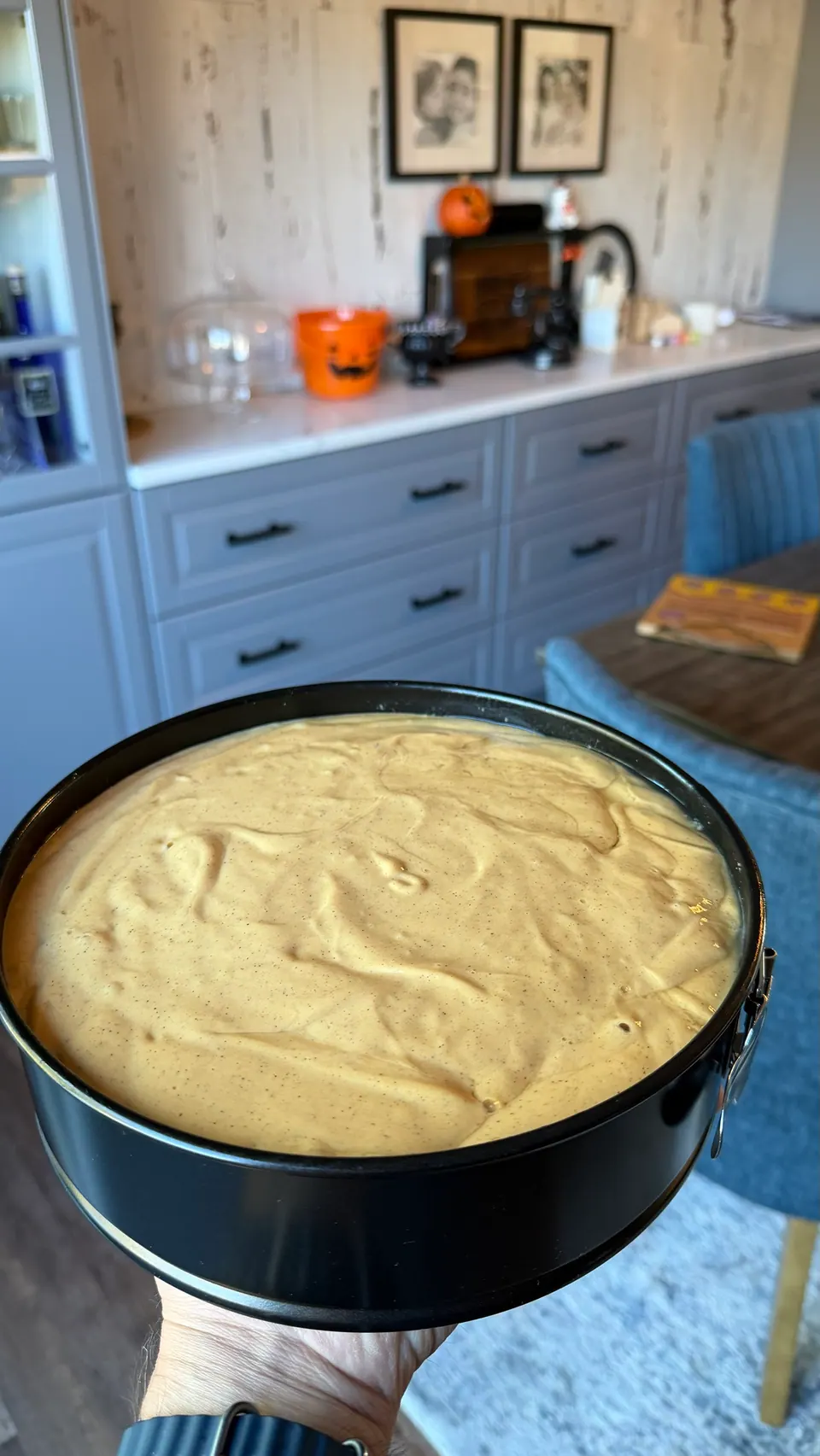 Unbaked high-protein cottage cheese pumpkin pie filling poured into a 9-inch springform pan