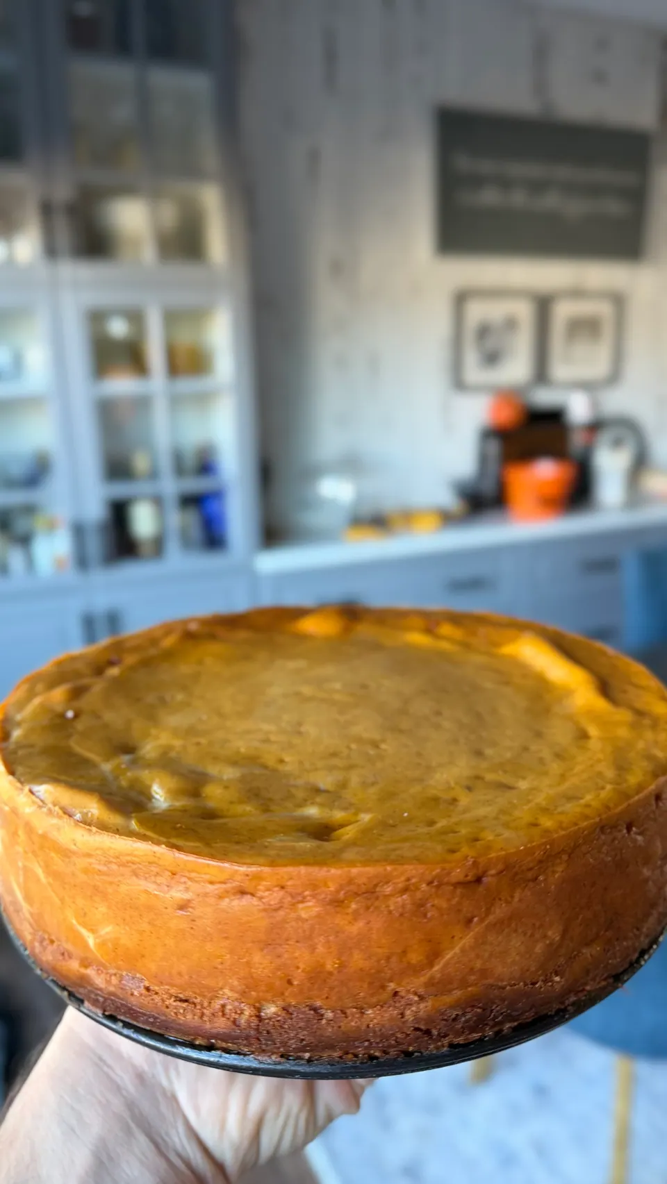 Baked high-protein pumpkin pie released from a 9-inch springform pan, showing its smooth sides